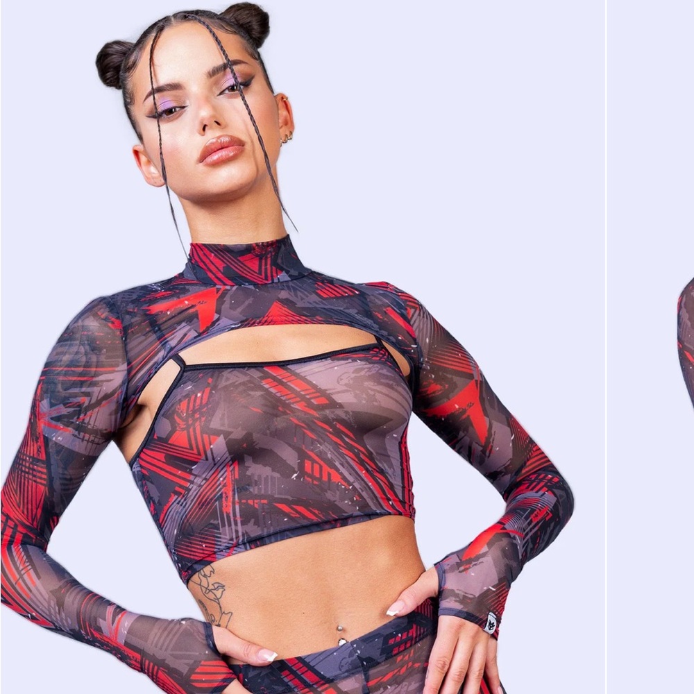 Sheer Red & Black Abstract Mesh Cutout Crop Top - Women